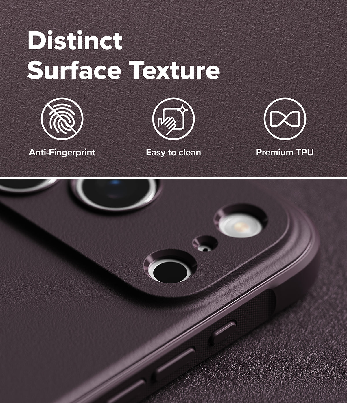 iPhone 18 Pro Max | Onyx Magnetic - Close-up of a dark textured phone case with camera cutouts, shown with marketing text reading 'Distinct Surface Texture' and feature icons for anti-fingerprint, easy to clean, and premium TPU.