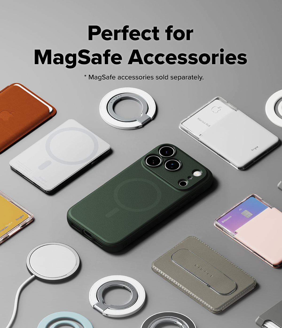 iPhone 18 Pro Max Case | Onyx Magnetic - A dark green MagSafe-compatible phone case shown on a smartphone, surrounded by various MagSafe accessories like ring stands, a power bank, and a wallet on a gray background. Text at the top reads 'Perfect for MagSafe Accessories' with a note that MagSafe accessories are sold separately.