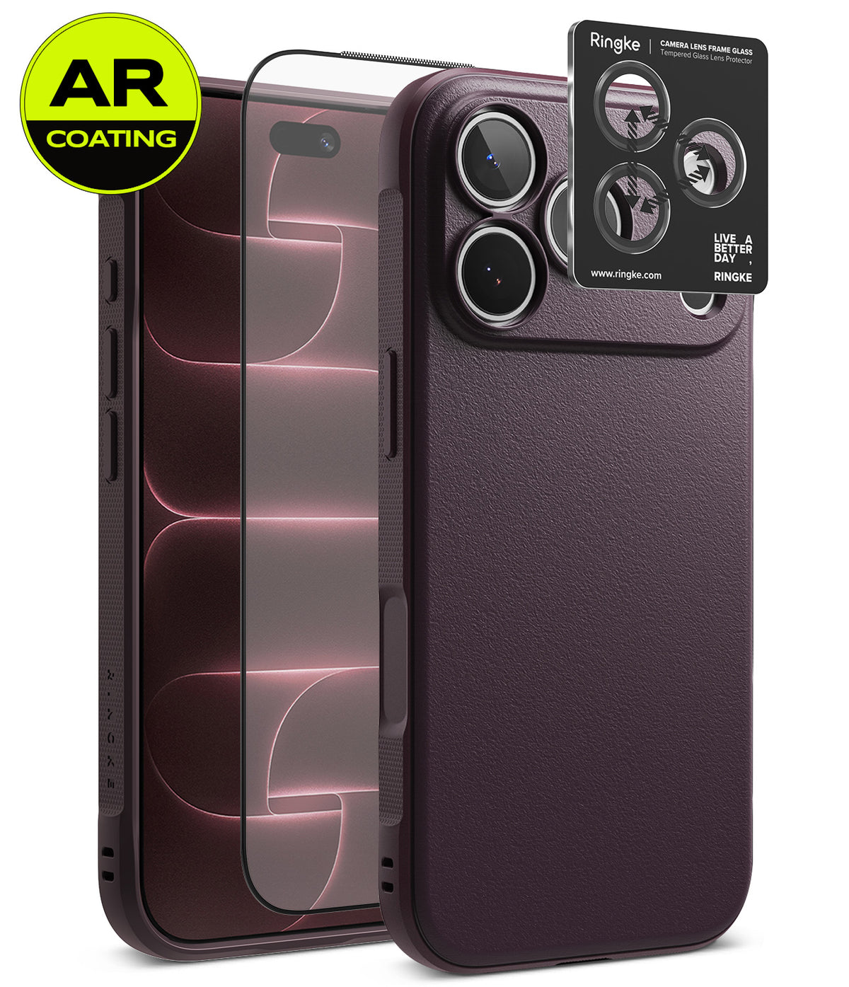 iPhone 18 Pro Max | Onyx + AR - A dark plum purple phone case with a textured leather-like finish, shown alongside a transparent AR-coated screen protector and a black Ringke camera lens protector sticker. The Ringke brand is clearly visible on the sticker.