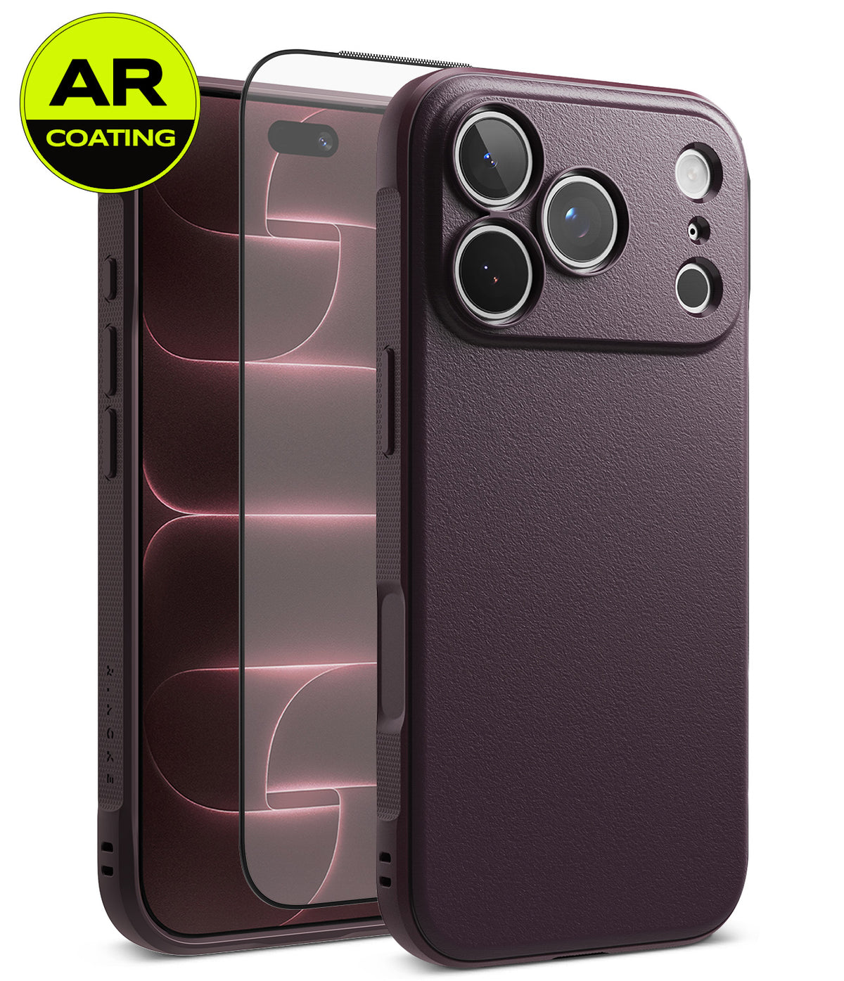 iPhone 18 Pro | Onyx + AR - A dark purple textured phone case shown from the back and side, with a transparent AR-coated screen protector leaning against it. A yellow circular badge in the top-left corner reads 'AR COATING'.