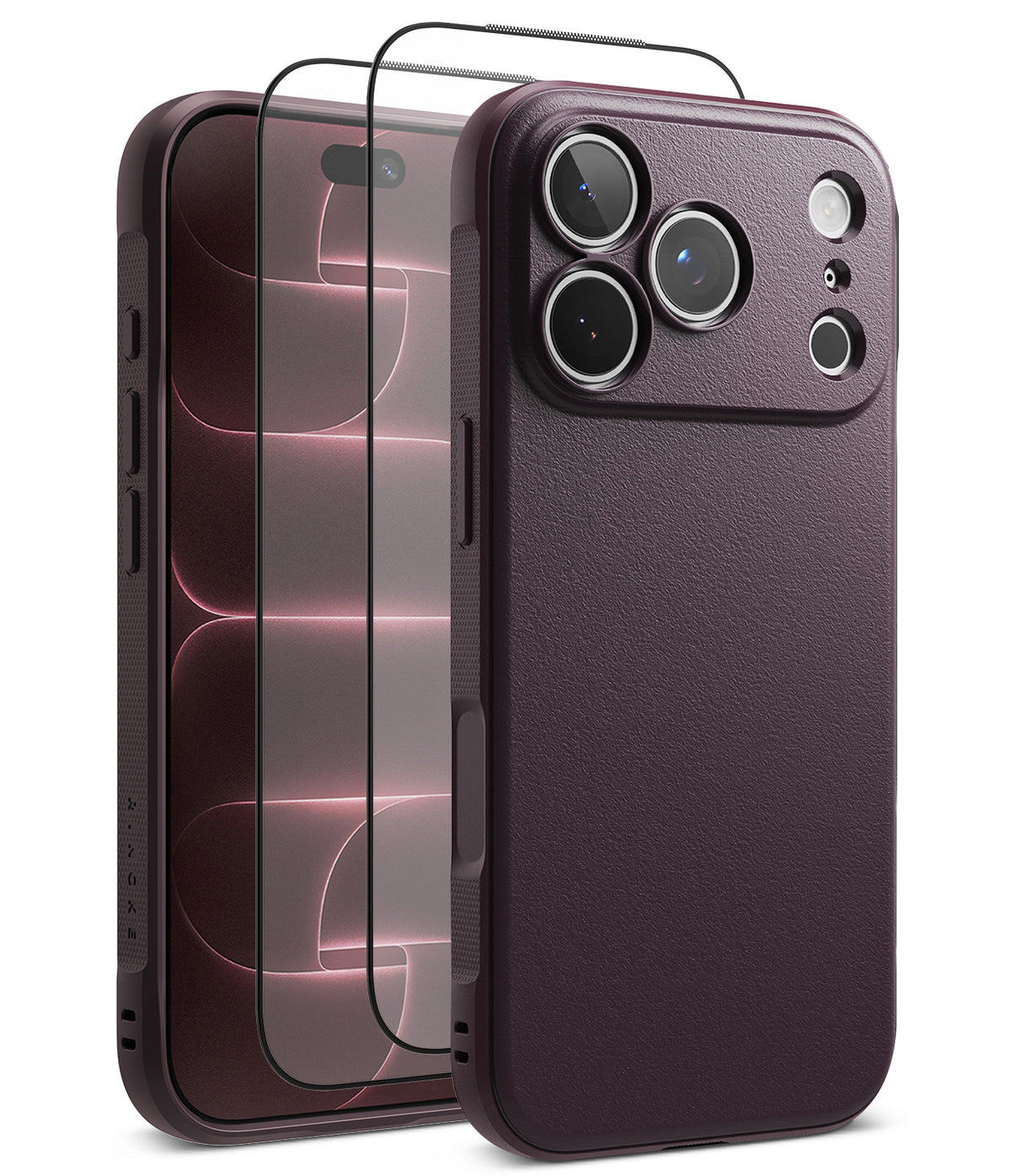 iPhone 18 Pro | Onyx + Screen (2P) - A dark plum purple textured phone case shown from the back, with a matching clear tempered glass screen protector displayed in front on a white background.