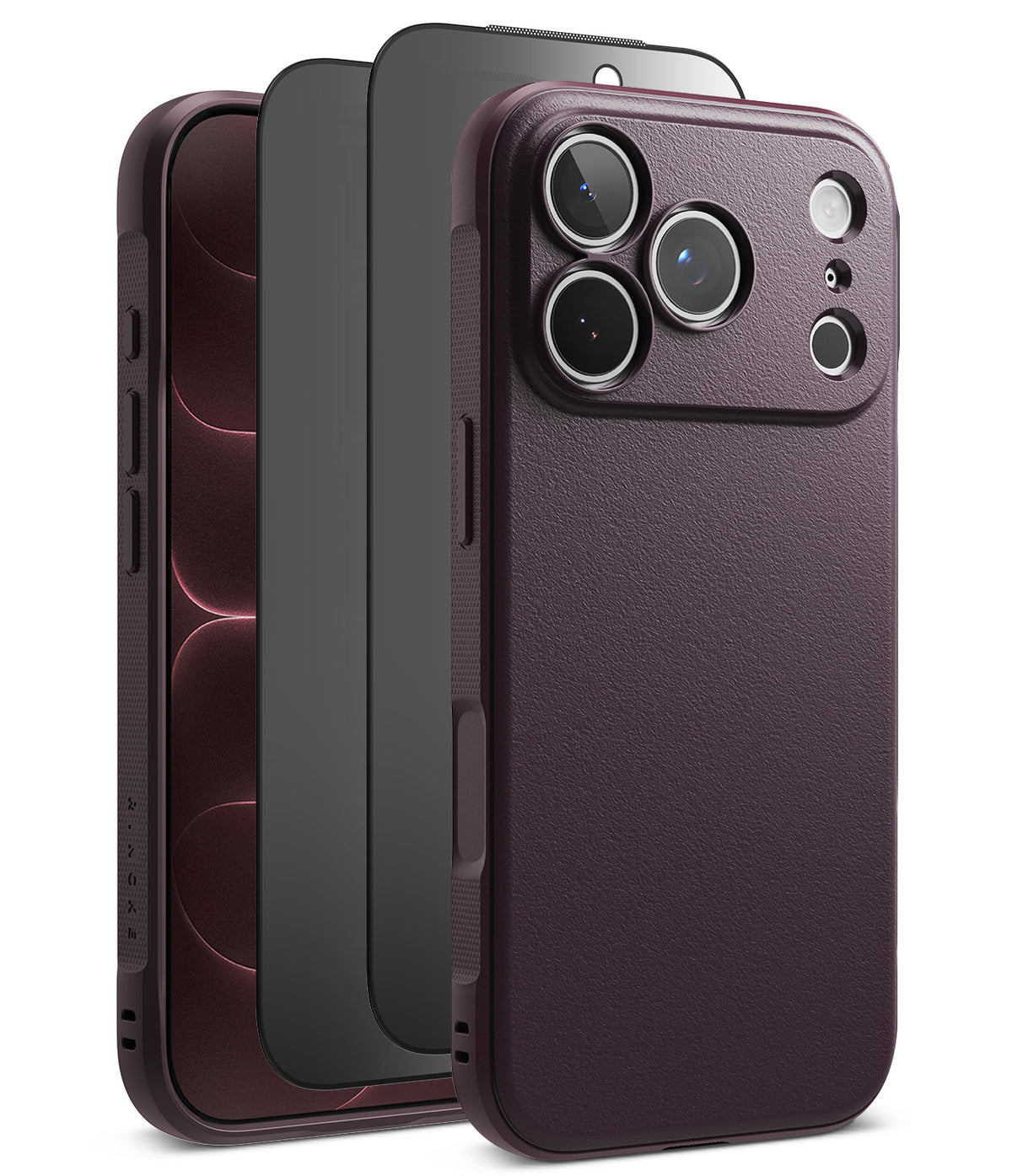 iPhone 18 Pro | Onyx + Privacy (2P) - Three views of a dark purple textured phone case with a black bumper frame, shown on a white background.