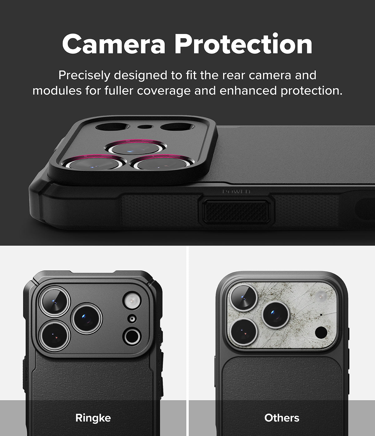 iPhone 18 Pro / Pro Max Case Rugged Gear all-groups - A promotional graphic for a phone camera protection case. The top section shows a black camera protection module fitted onto a phone back, with text reading 'Camera Protection' and a subtitle about precise fit and enhanced protection.
