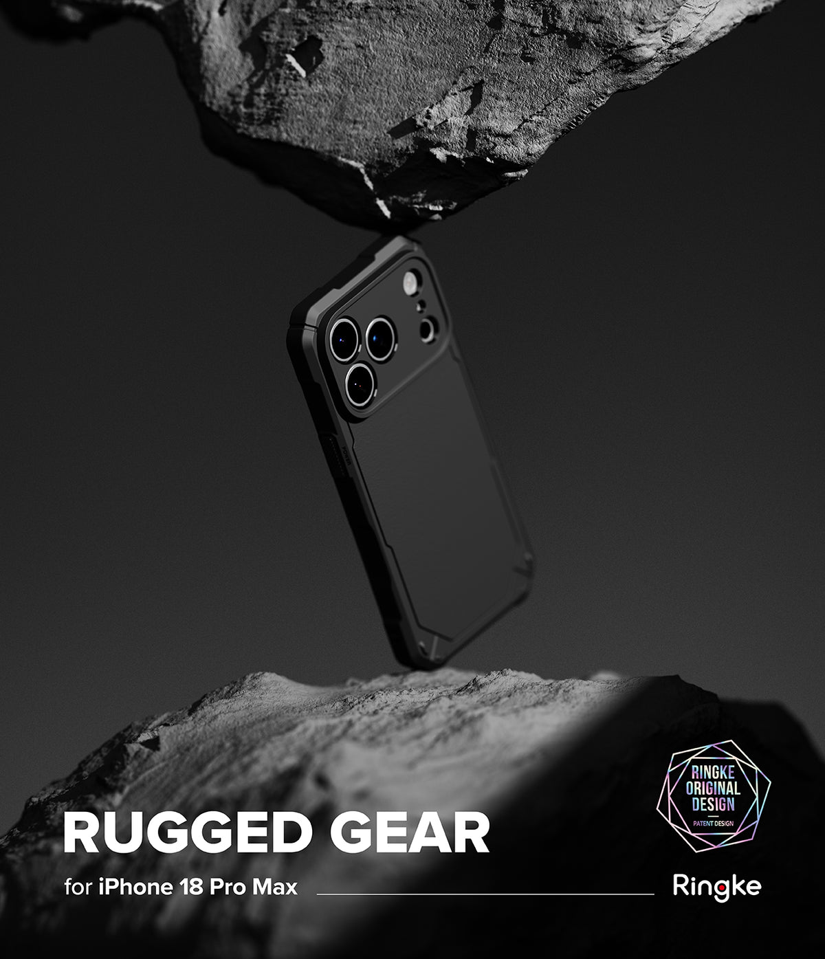 iPhone 18 Pro Max Case | Rugged Gear - A black and white promotional shot of a Ringke Rugged Gear phone case with a dark camouflage pattern, shown floating between two rocks. Text at the bottom reads 'RUGGED GEAR for iPhone 16 Pro Max' with the Ringke logo.