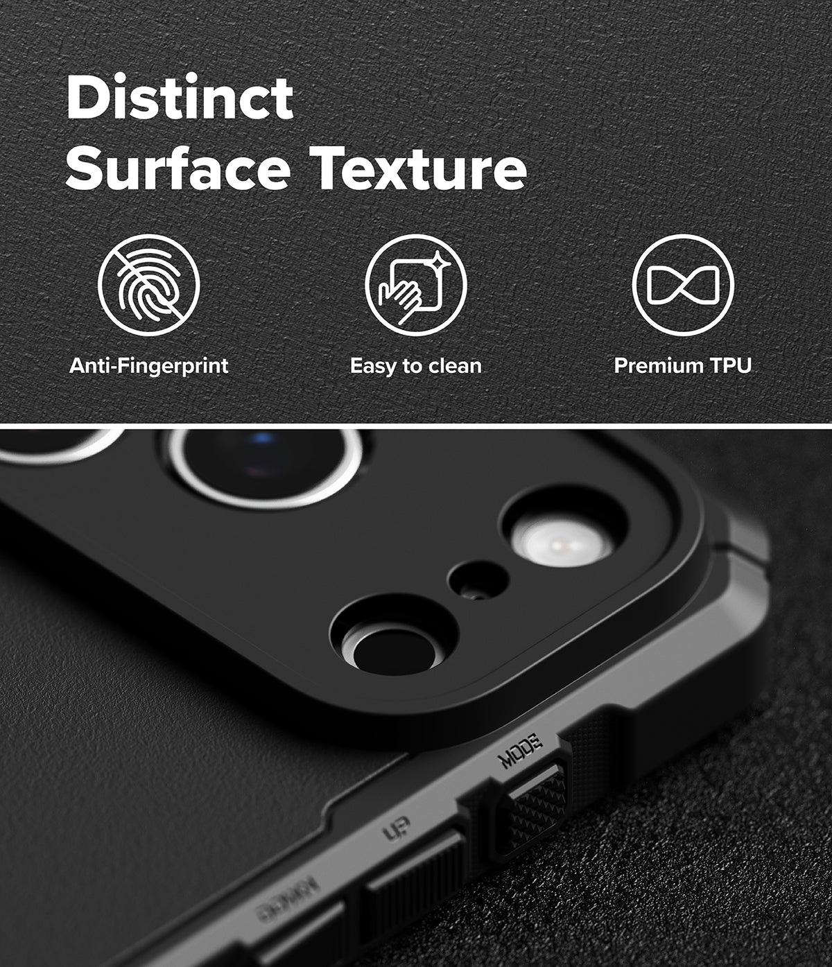 iPhone 18 Pro Max Case | Rugged Gear - Black rugged phone case with a raised camera bezel and textured finish, shown close-up on a dark background with feature callouts: anti-fingerprint, easy to clean, and premium TPU.