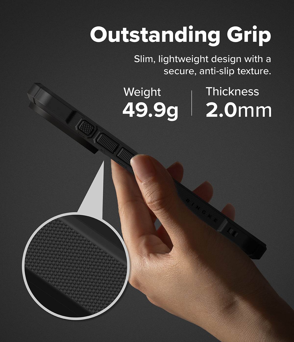 iPhone 18 Pro Max Case | Rugged Gear - A hand holds a slim black protective phone case against a dark gray background, with text reading 'Outstanding Grip' and details about weight 49.9g and thickness 2.