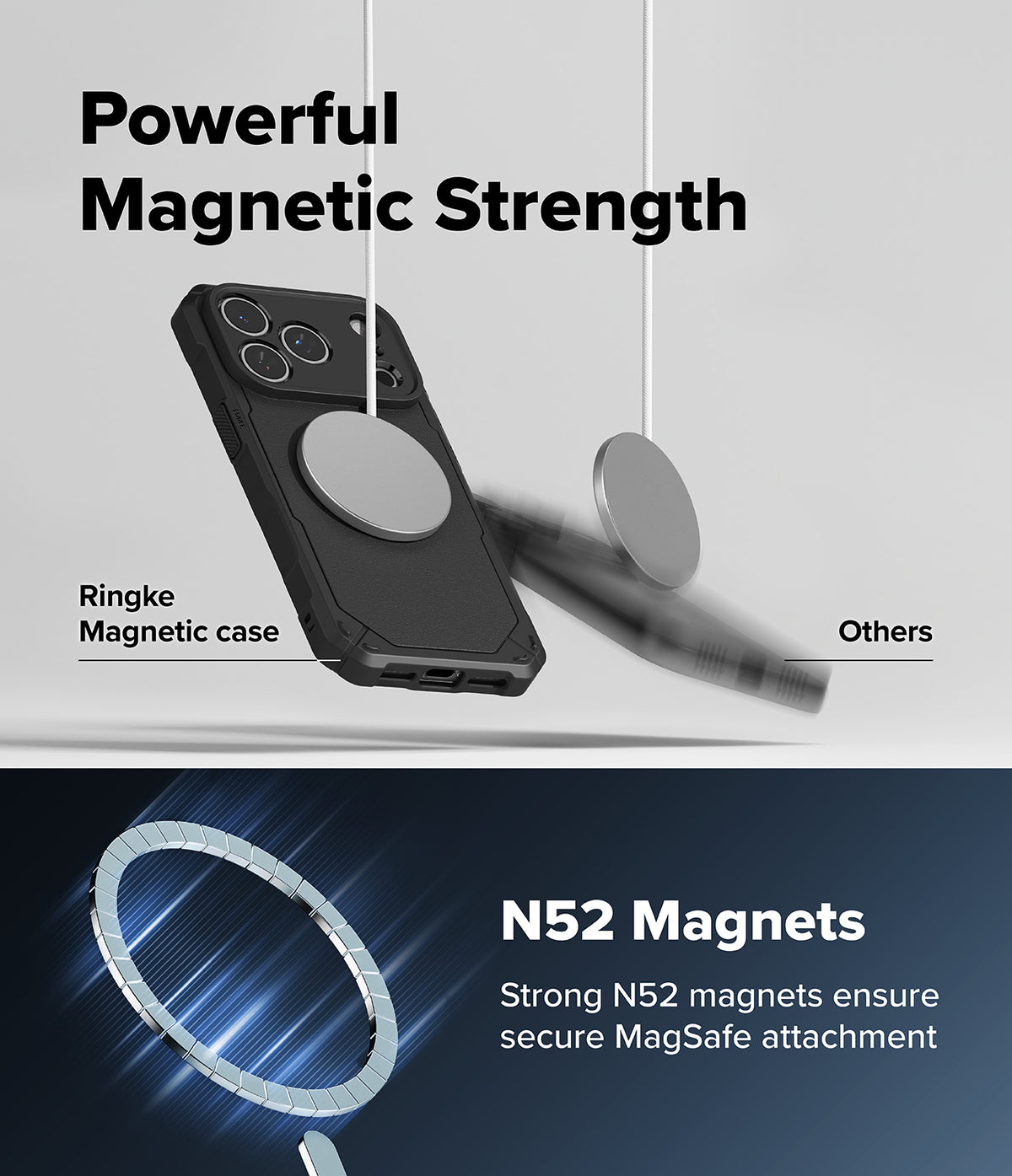 iPhone 18 Pro Max Case | Rugged Gear Magnetic - Promotional graphic for a black magnetic phone case with a large circular MagSafe ring, shown with text reading 'Powerful Magnetic Strength' and 'N52 Magnets.' The image includes a comparison with generic magnets and a blue-lit close-up of the magnetic ring, with no person or real environment present.