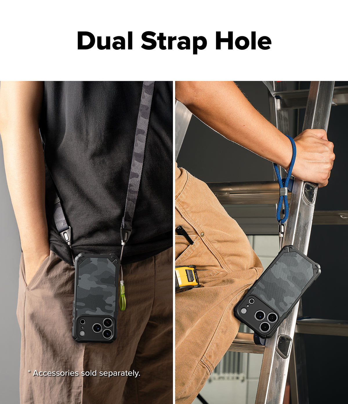 iPhone 18 Pro Max Case | Rugged Gear Magnetic - A phone case with a dark camouflage pattern is shown being worn and held by a person, demonstrating a dual strap design. The left panel shows the case hanging from a shoulder strap, and the right panel shows a hand holding a ladder while wearing a blue lanyard attached to the case.