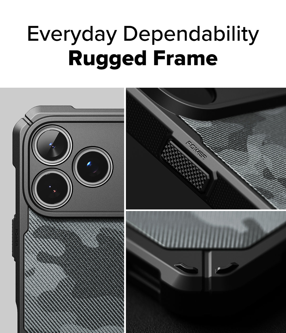 iPhone 18 Pro Max Case | Rugged Gear Magnetic - A dark gray and black rugged phone case with a subtle gray camouflage pattern, shown in a three-panel collage highlighting its camera cutout, corner bumpers, and textured backplate. The top of the image features the text 'Everyday Dependability Rugged Frame'.