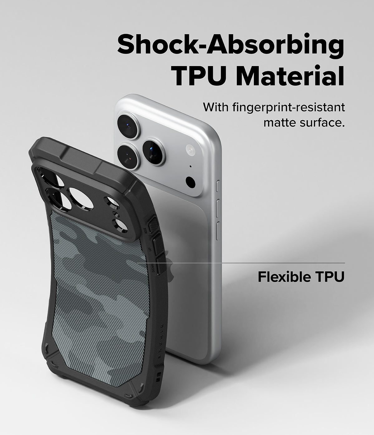 iPhone 18 Pro Max Case | Rugged Gear Magnetic - A black and gray camouflage phone case shown in front of a silver smartphone on a light gray background, with marketing text reading 'Shock-Absorbing TPU Material' and 'Flexible TPU'.