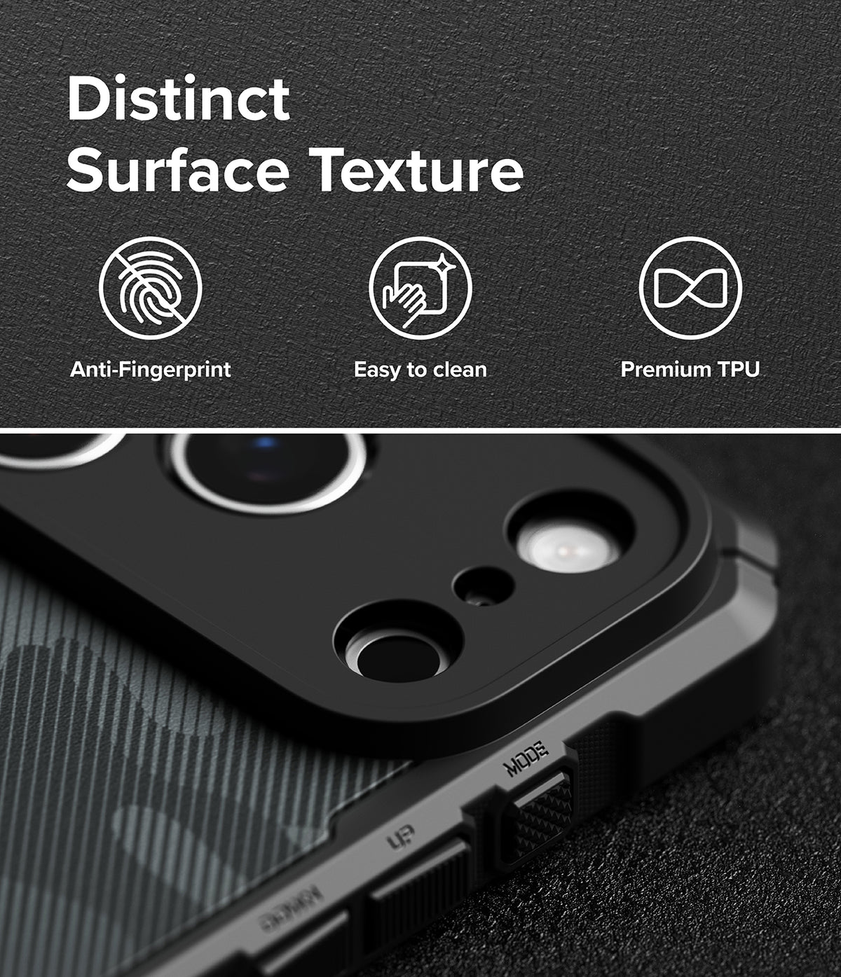 iPhone 18 Pro Max Case | Rugged Gear Magnetic - Black rugged phone case with a distinct textured surface, featuring a raised camera bezel and a textured back panel, shown with marketing text highlighting anti-fingerprint, easy-to-clean, and premium TPU features.