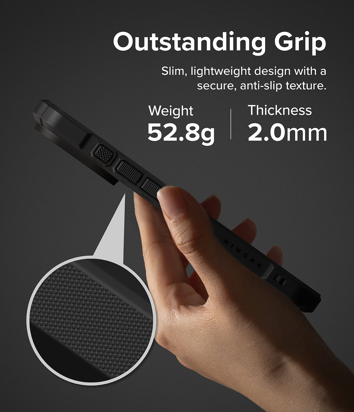 iPhone 18 Pro Max Case | Rugged Gear Magnetic - A hand holds a slim black protective phone case against a dark gray background, with marketing text reading 'Outstanding Grip' and a circular inset showing the textured grip detail. The text also lists weight as 52.