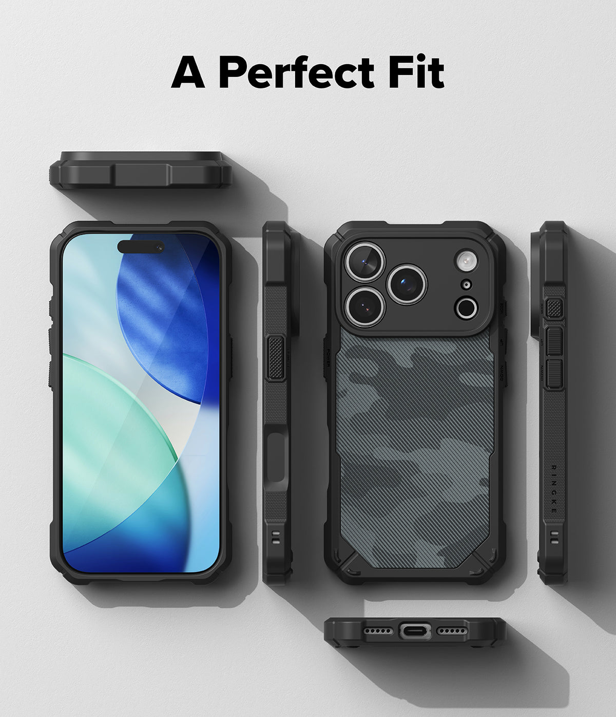 iPhone 18 Pro Max Case | Rugged Gear Magnetic - A phone case set shown from multiple angles on a light gray background with the text 'A Perfect Fit' at the top. The case is black with a dark gray camouflage pattern on the back, shown fitted on a smartphone from the front, side, and back views.