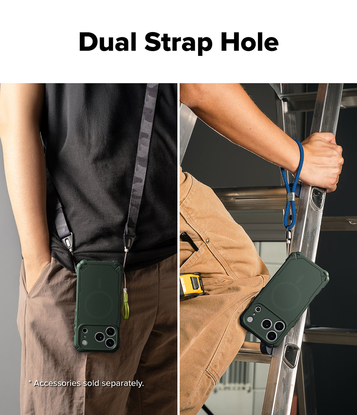 iPhone 18 Pro Max Case | Rugged Gear Magnetic - A dark green phone case with a dual strap hole feature, shown being worn crossbody on a person and hanging from a ladder rail on another person. The text 'Dual Strap Hole' is displayed at the top, and a note at the bottom says 'Accessories sold separately.