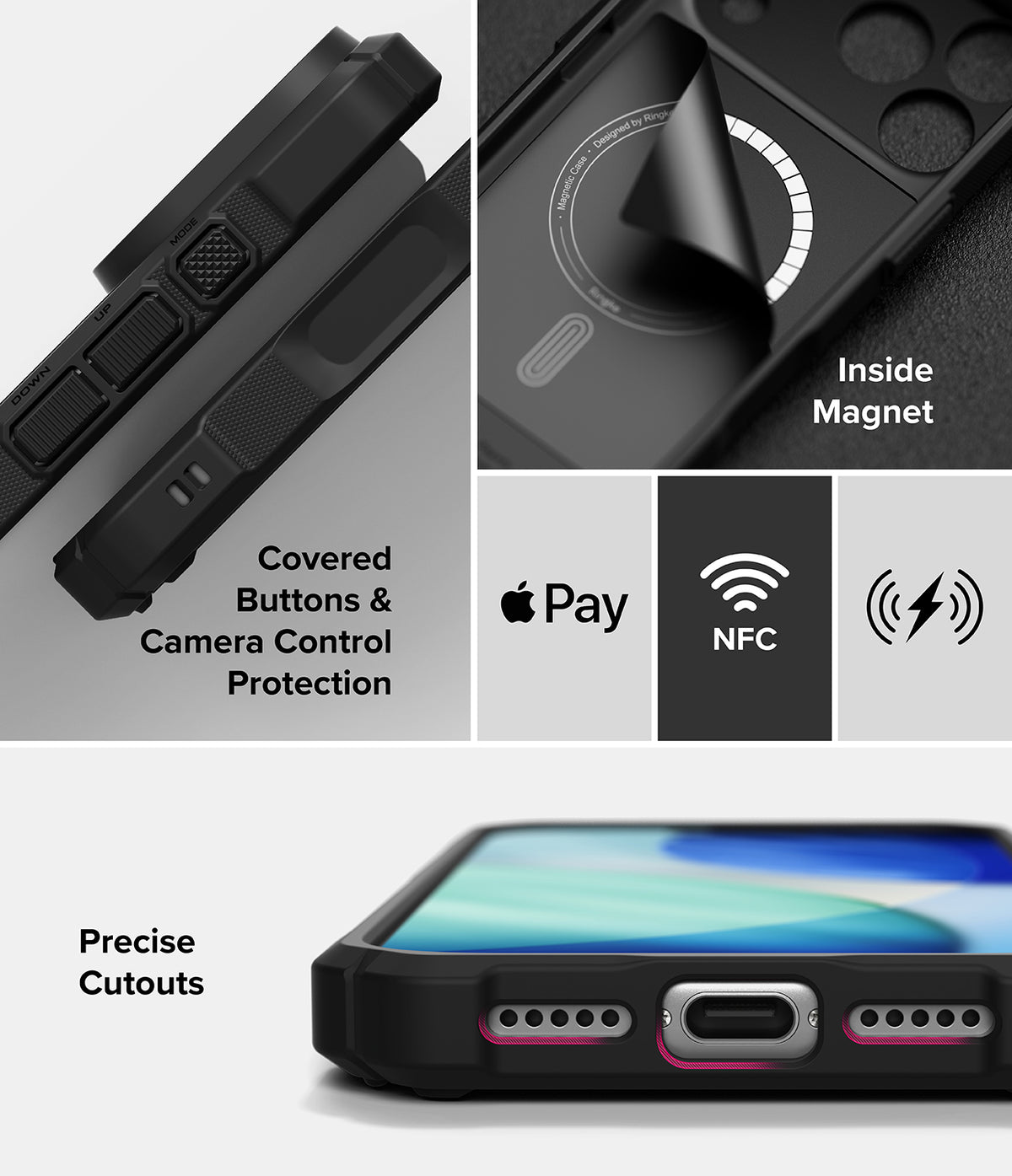 iPhone 18 Pro Max Case | Rugged Gear Magnetic - Black protective phone case collage showing side button cover, inside magnet detail, NFC and Apple Pay compatibility, and precise cutout openings at the bottom.