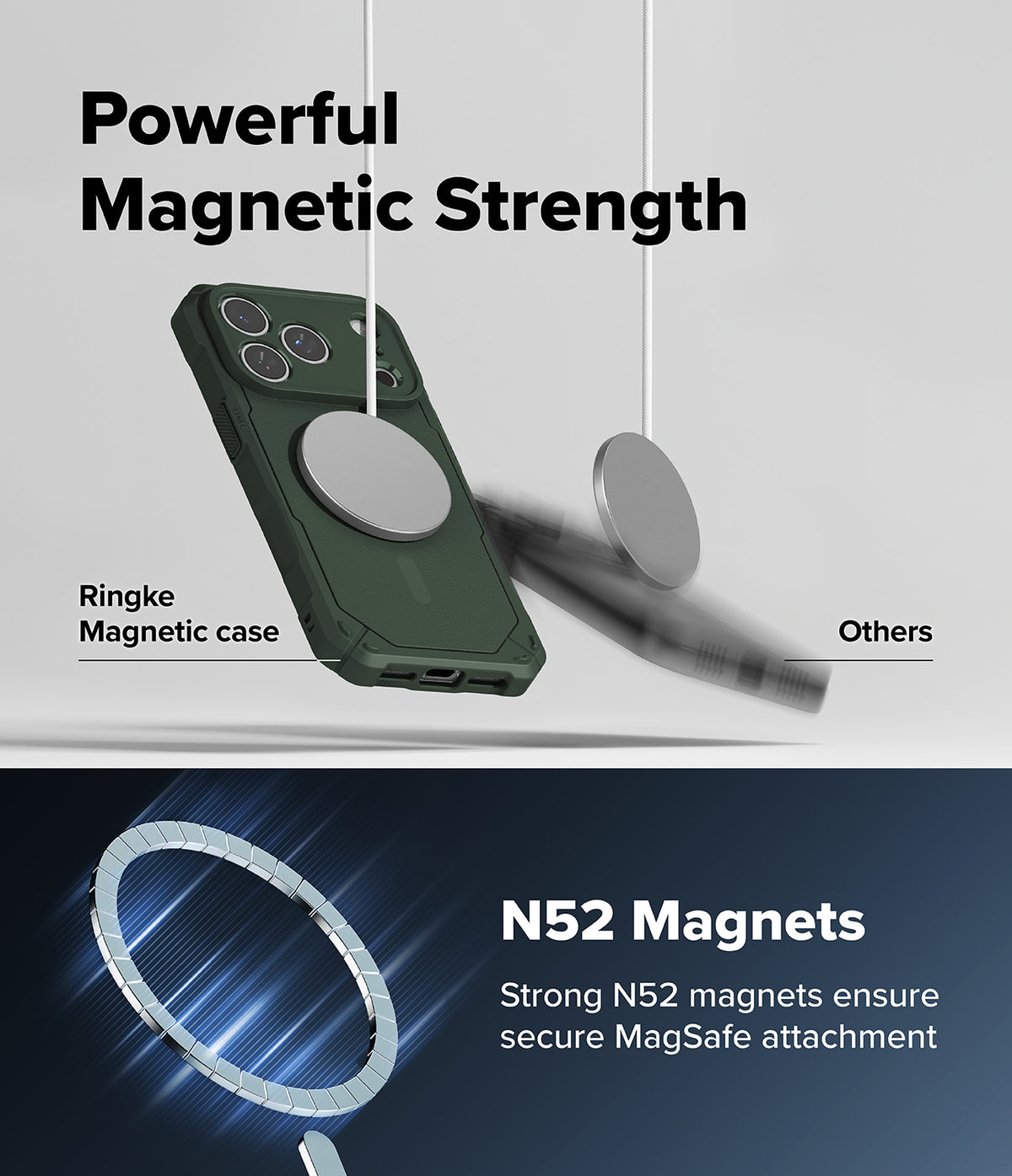 iPhone 18 Pro Max Case | Rugged Gear Magnetic - A promotional graphic for a dark green magnetic phone case. The top half shows the case with a large circular magnetic ring, labeled 'Ringke Magnetic case,' hanging against a light gray background with the text 'Powerful Magnetic Strength' and a comparison to generic magnets labeled 'Others.