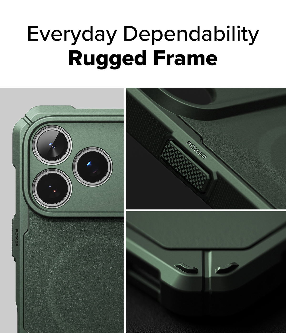 iPhone 18 Pro Max Case | Rugged Gear Magnetic - A dark green rugged phone case with a textured finish and reinforced camera cutout, shown in a three-panel collage with the text 'Everyday Dependability Rugged Frame' at the top.