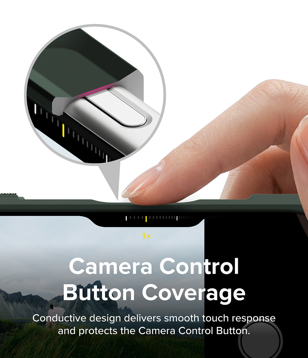 iPhone 18 Pro Max Case | Rugged Gear Magnetic - Close-up of a finger pressing the camera control button on the top edge of a smartphone case, with a circular inset showing the button coverage detail and marketing text reading 'Camera Control Button Coverage.'.