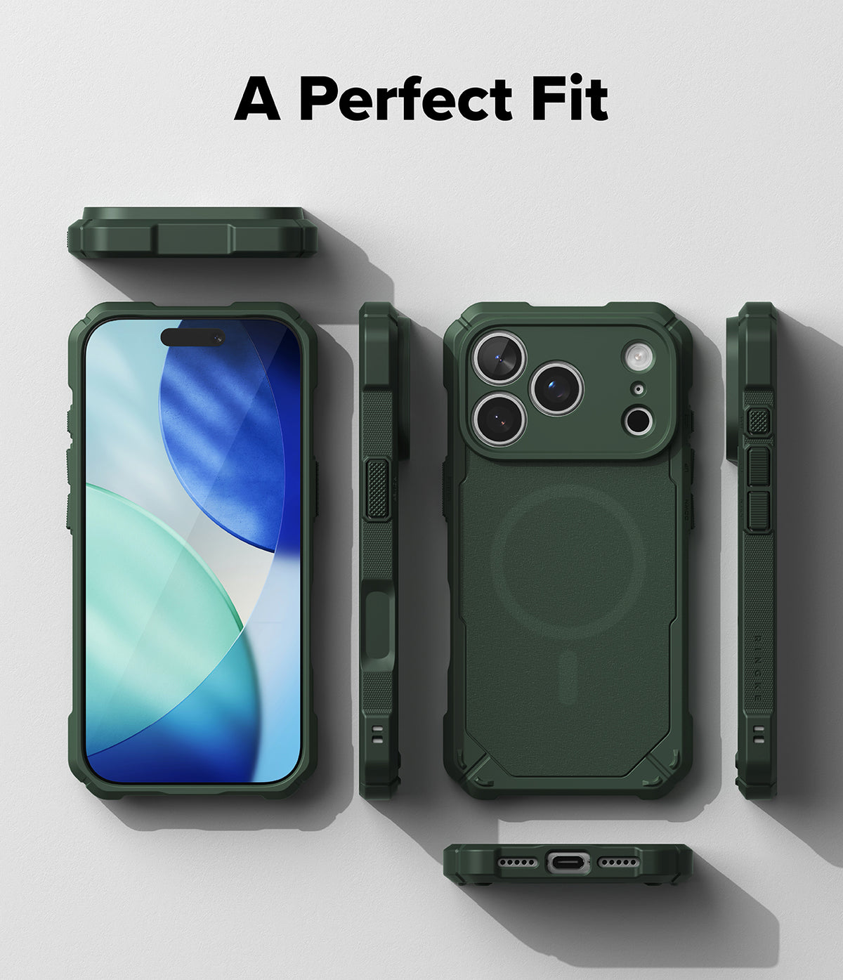 iPhone 18 Pro Max Case | Rugged Gear Magnetic - A dark green rugged phone case shown from multiple angles on a light gray background, with the text 'A Perfect Fit' at the top. The views include the front with a smartphone inserted, the back, side profiles, and a bottom view showing the charging port opening.