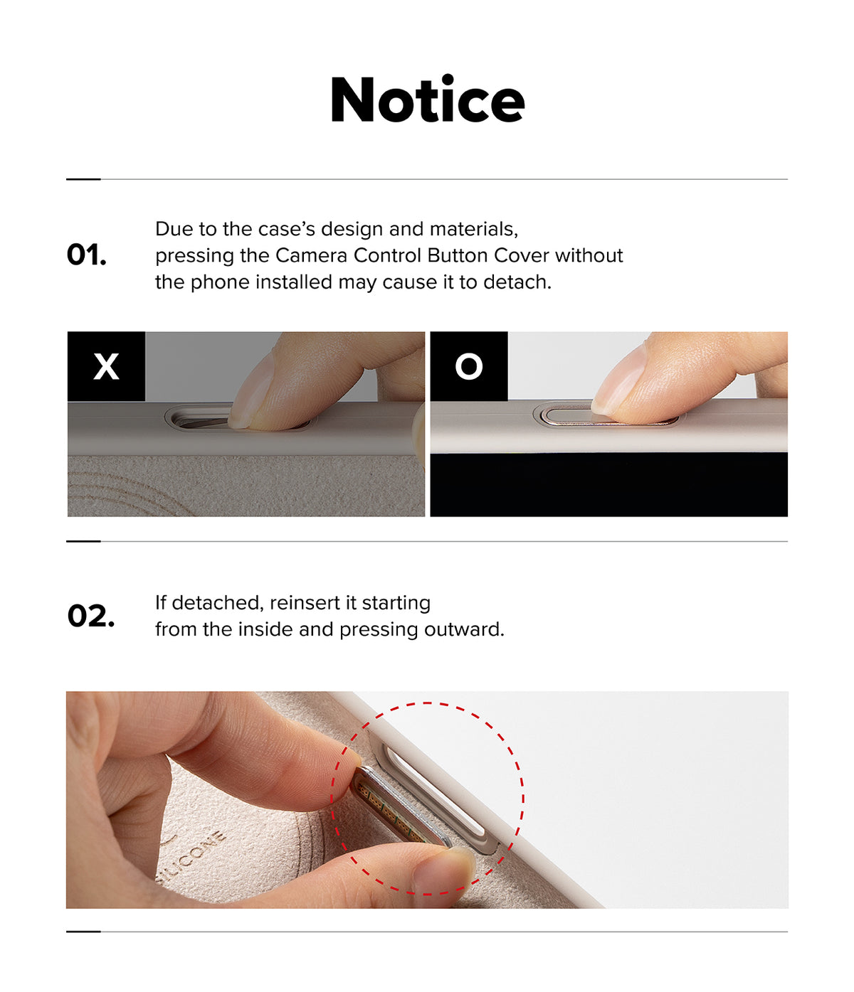 iPhone 18 Pro Max Case | Silicone Magnetic - Instruction notice sheet showing two panels with close-up photos of a camera control button cover being pressed and reinserted, with text explaining that the button may detach if pressed without the phone installed.