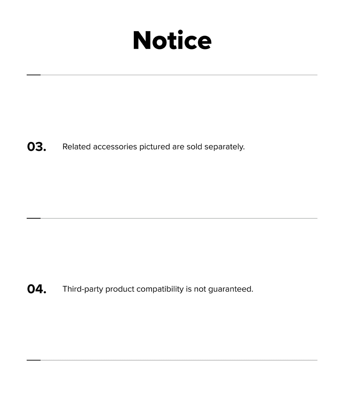 iPhone 18 Pro Max Case | Silicone Magnetic - A black-and-white notice sheet with the heading 'Notice' and two numbered points: '03. Related accessories pictured are sold separately.