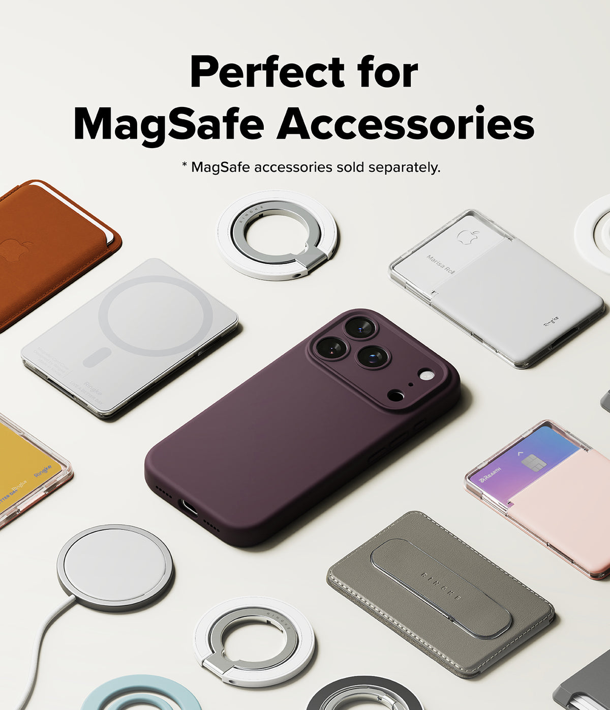 iPhone 18 Pro Max Case | Silicone Magnetic - A dark plum purple phone case shown on a smartphone, surrounded by various MagSafe accessories like rings, wallets, and a power bank on a light beige background. Text at the top reads 'Perfect for MagSafe Accessories' with a note that MagSafe accessories are sold separately.
