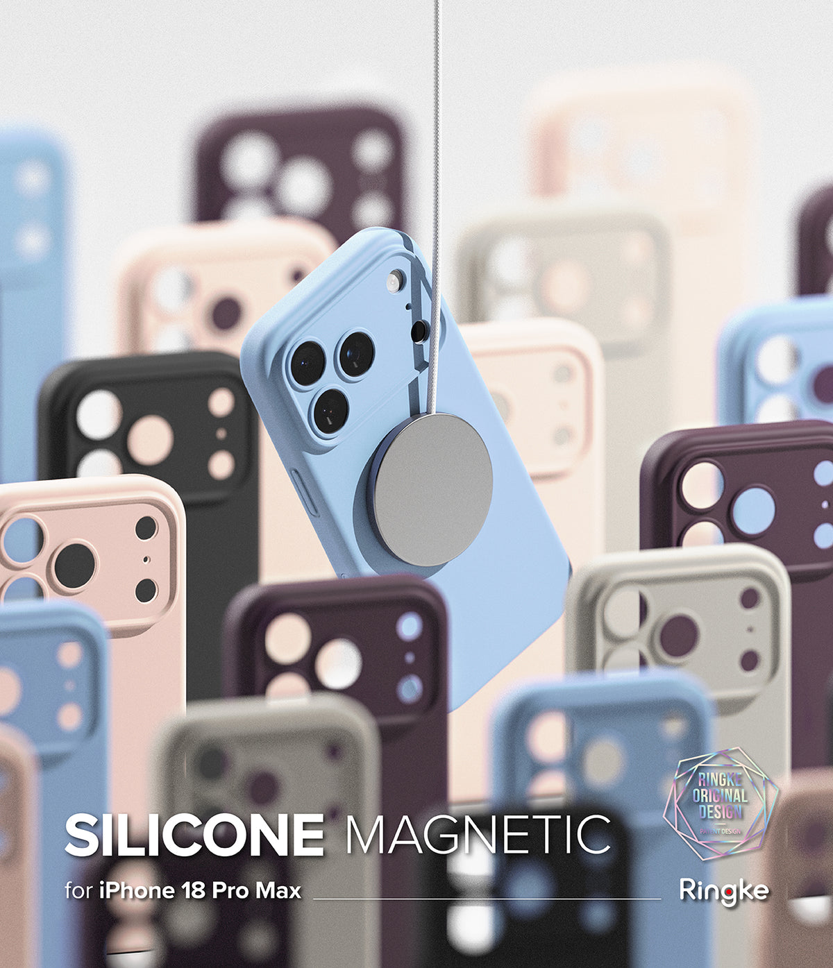 iPhone 18 Pro Max Case | Silicone Magnetic - A light blue silicone magnetic phone case with a circular magnetic ring, shown floating in front of a blurred background of multiple phone cases in various colors. Text at the bottom reads 'SILICONE MAGNETIC for iPhone 18 Pro Max' and the Ringke logo is visible in the bottom right corner.