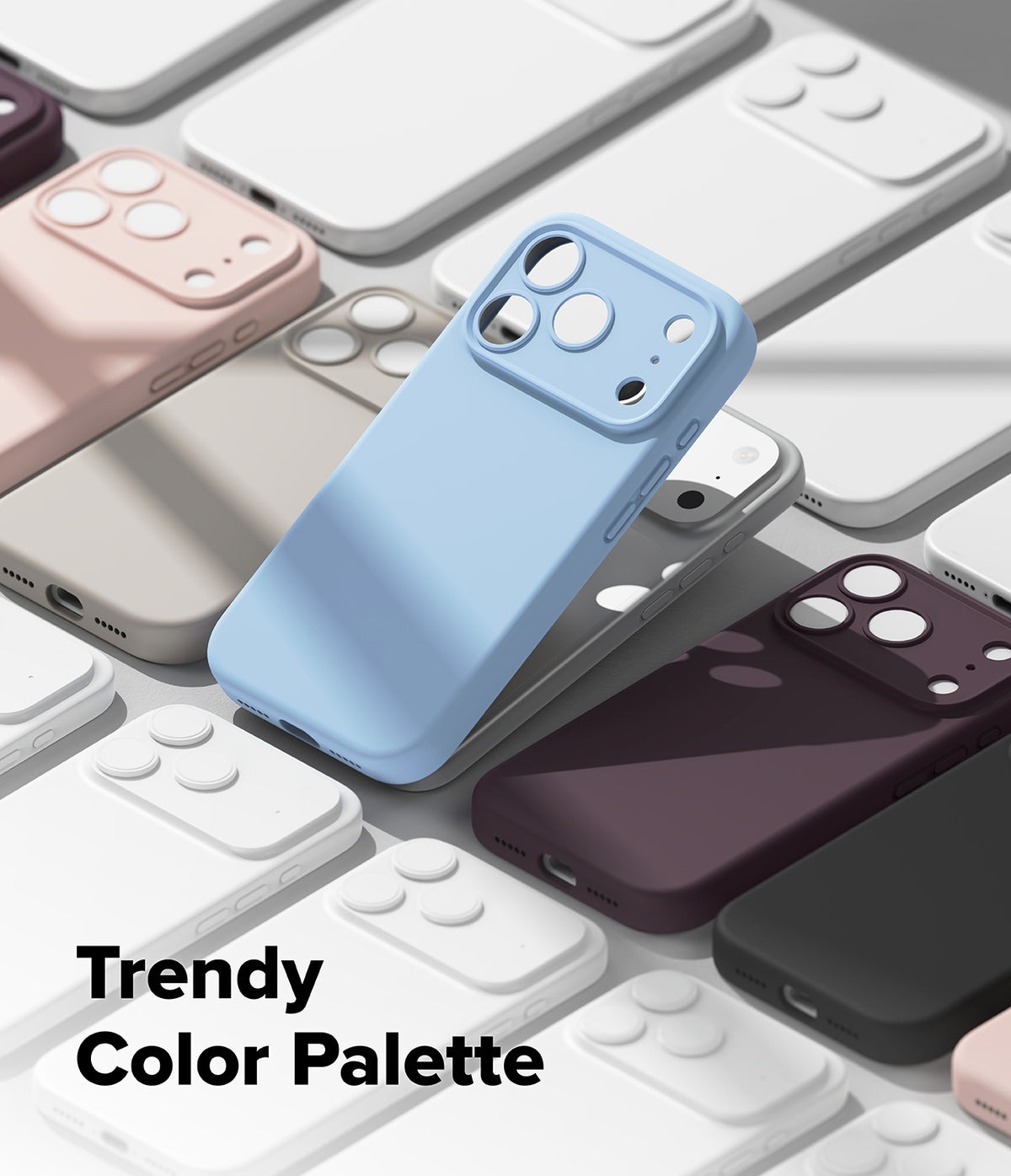 iPhone 18 Pro Max Case | Silicone Magnetic - A light blue phone case with a matching camera bar is shown among several other phone cases in different colors, including pink, white, gray, and dark purple, with the text 'Trendy Color Palette' in the bottom left corner.