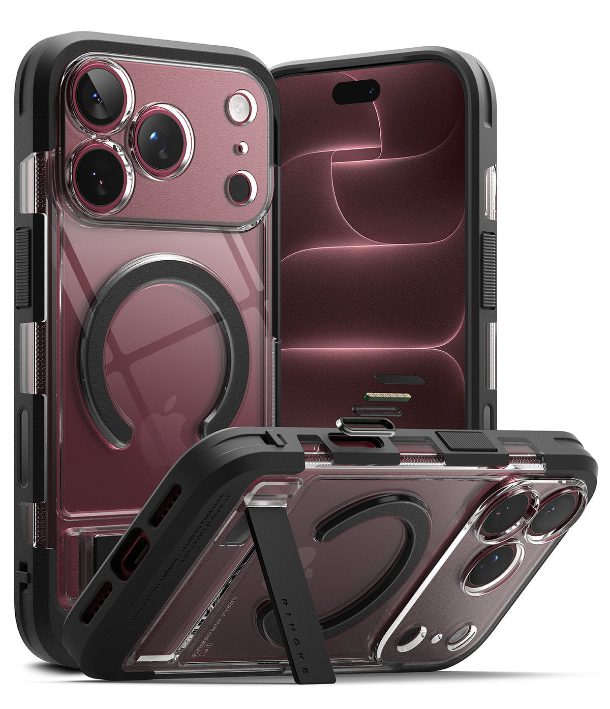 iPhone 18 Pro Max Case | UX Magnetic - Clear and black protective phone case with a built-in kickstand and MagSafe ring, shown from multiple angles on a white background.
