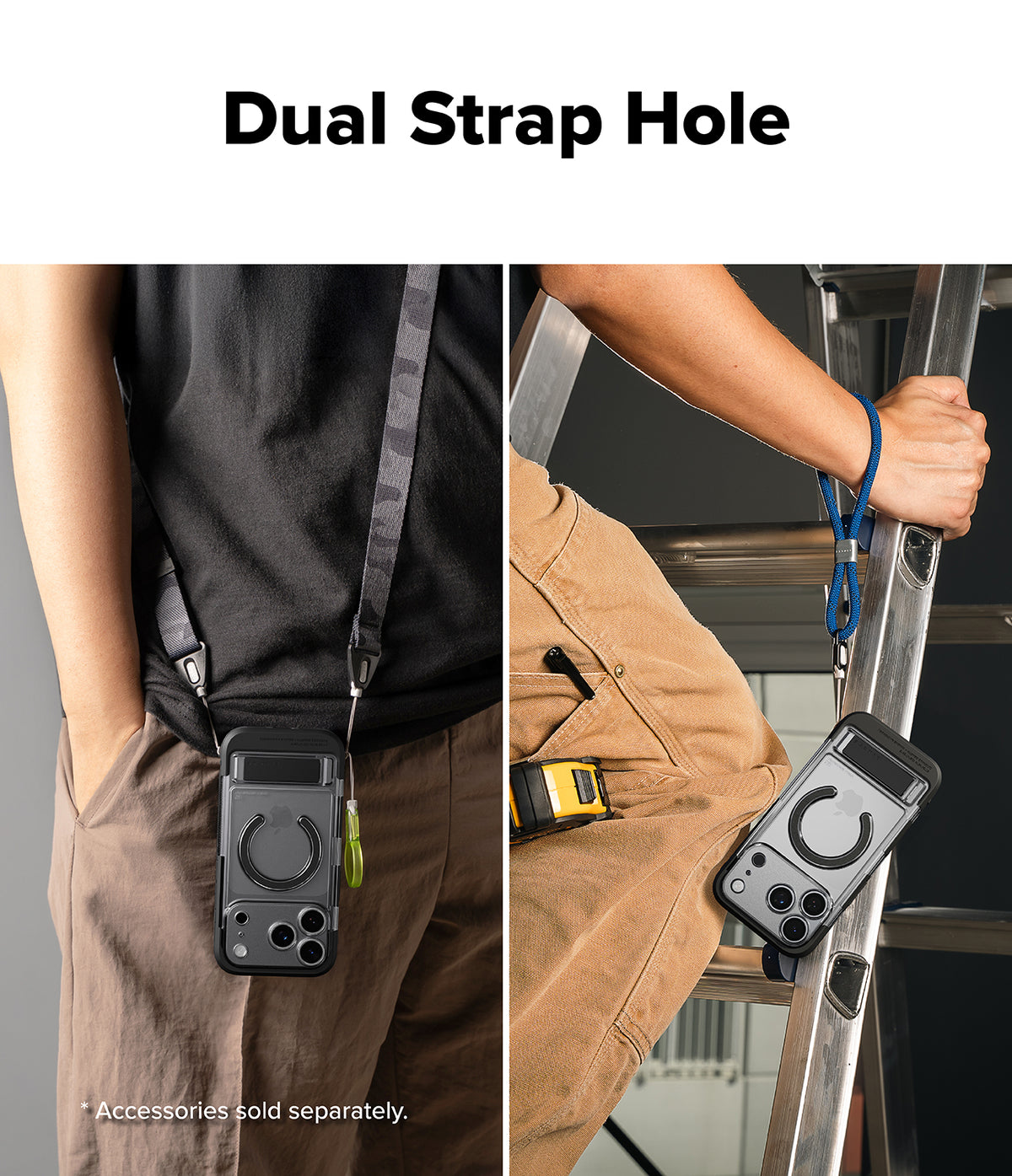 iPhone 18 Pro Max Case | UX Magnetic - A split-panel product demonstration showing a black phone accessory with a circular ring and dual strap holes worn around the waist and hung from a ladder rail. Large text at the top reads 'Dual Strap Hole,' and a note at the bottom says accessories are sold separately.
