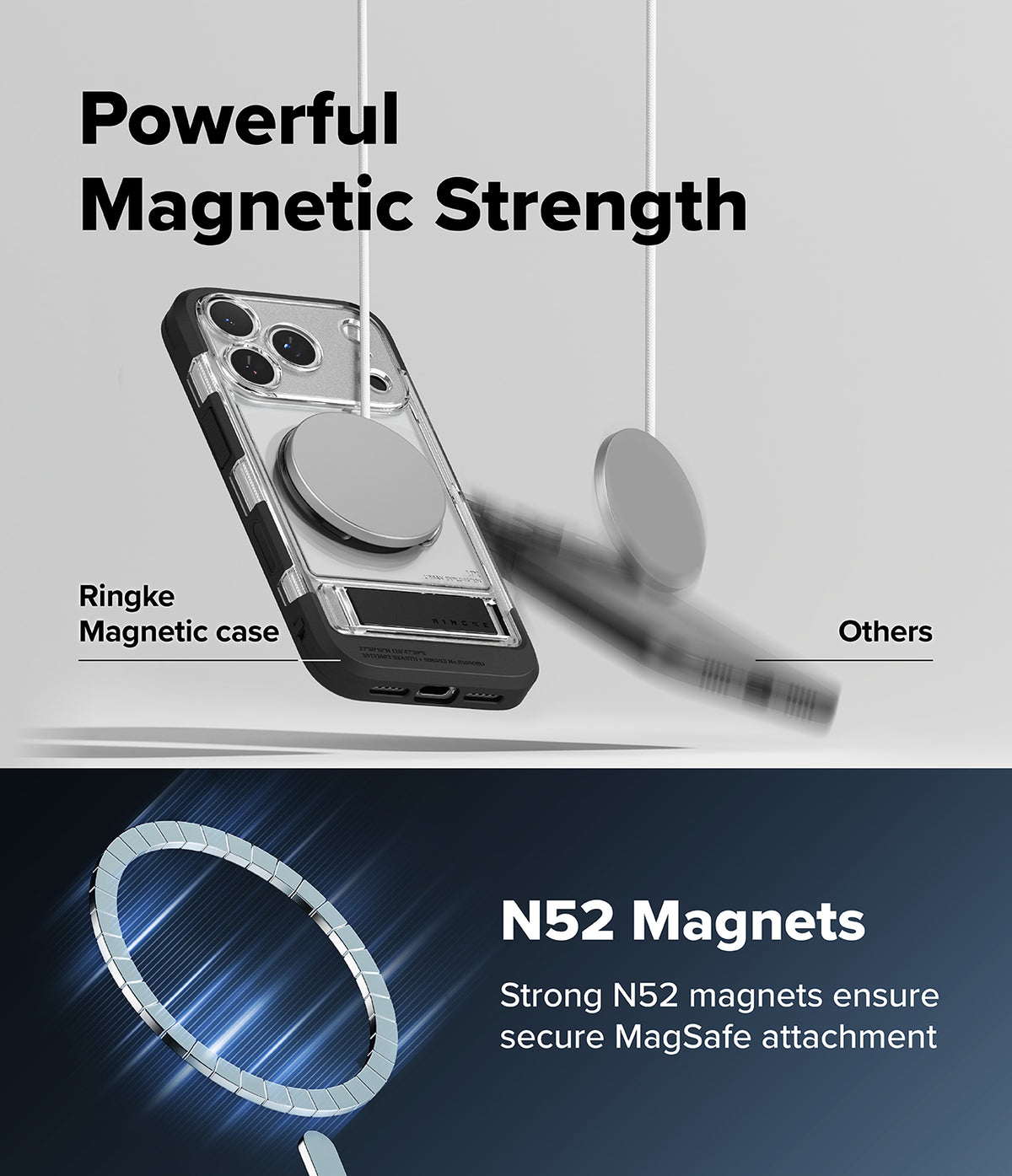 iPhone 18 Pro Max Case | UX Magnetic - Promotional graphic for a transparent magnetic phone case with a circular MagSafe ring. The top half shows the case on a phone with text reading 'Powerful Magnetic Strength' and labels for 'Ringke Magnetic case' and 'Others'.
