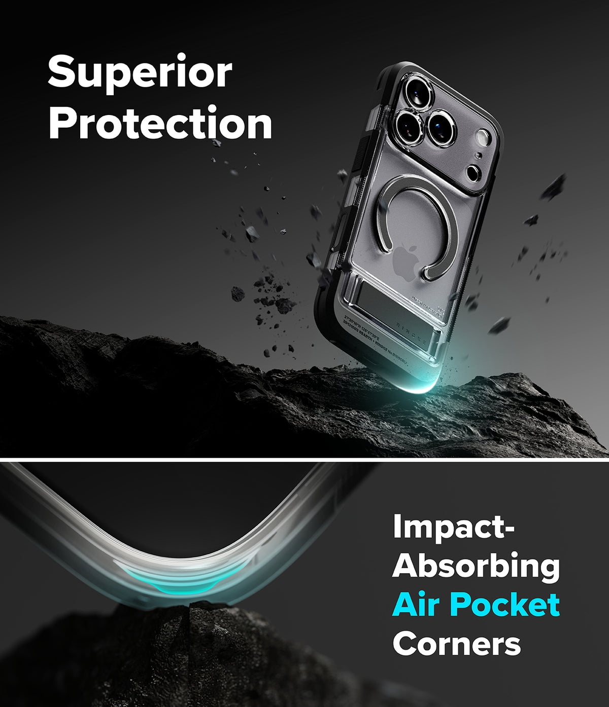 iPhone 18 Pro Max Case | UX Magnetic - A transparent protective phone case with a built-in metal ring and card slot, shown floating above dark rocks with text reading 'Superior Protection' and 'Impact-Absorbing Air Pocket Corners.' The image is a promotional graphic rather than a plain studio product shot, but it still primarily shows the product itself rather than instructions or a chart.