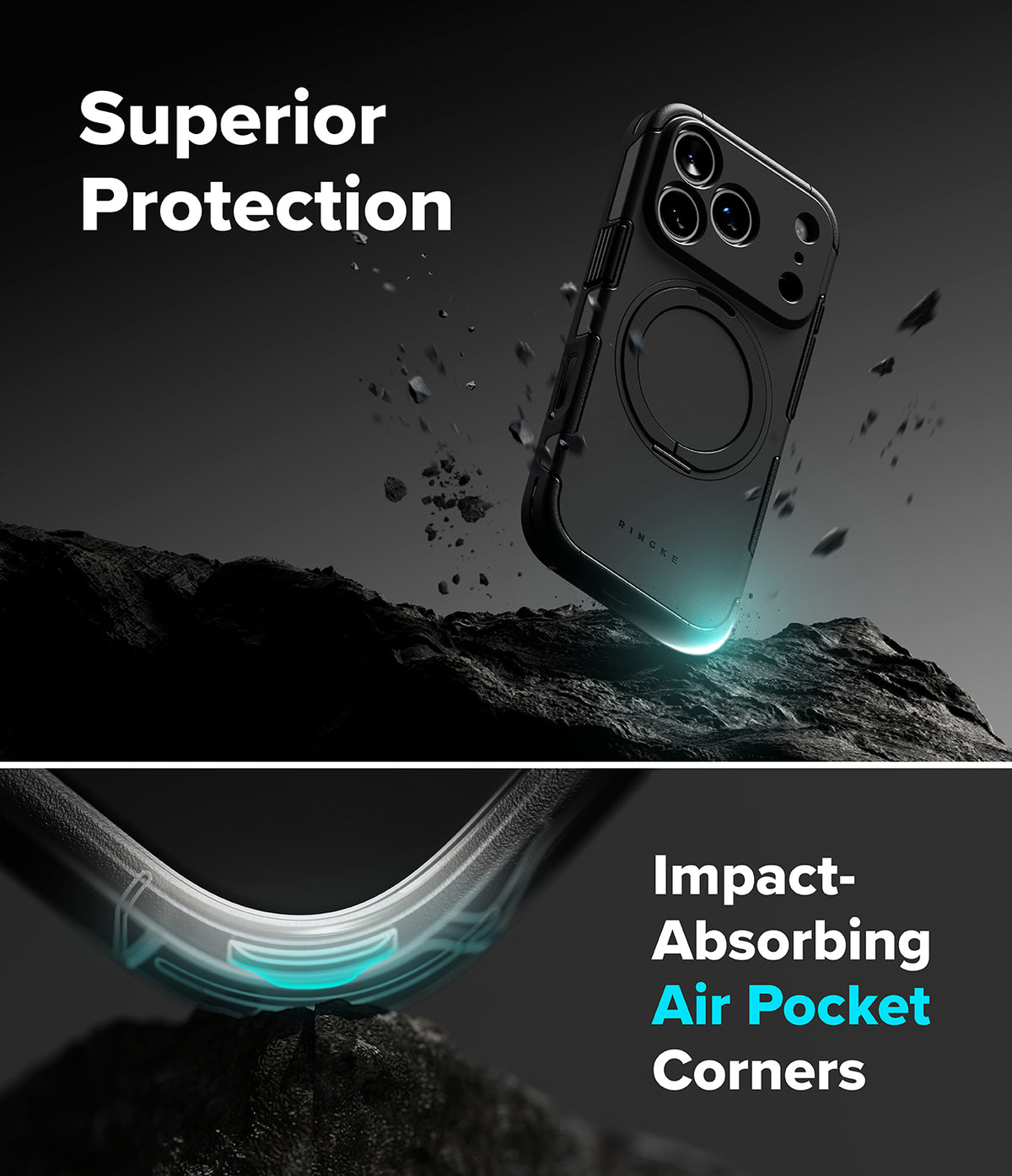 iPhone 18 Pro Case | Alles - A dark gray rugged phone case with a circular magnetic ring is shown floating above a rocky surface, with text reading 'Superior Protection' and 'Impact-Absorbing Air Pocket Corners.' The lower panel shows a close-up of the curved corner protection with glowing cyan accents.