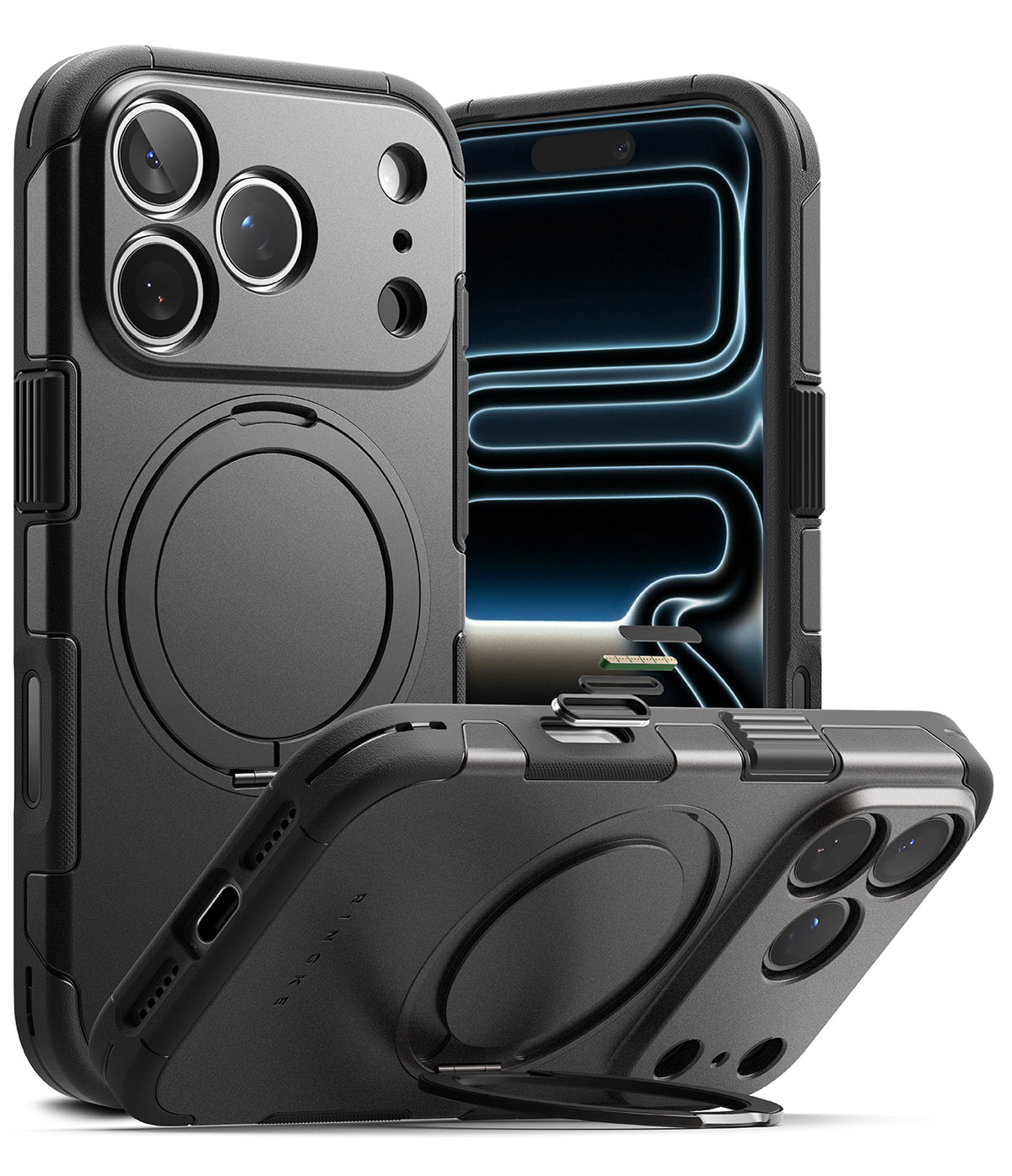 iPhone 18 Pro Case | Alles - A rugged black protective phone case with a built-in MagSafe ring, shown from multiple angles on a white background. The case is designed for a triple-camera setup and includes a kickstand feature.