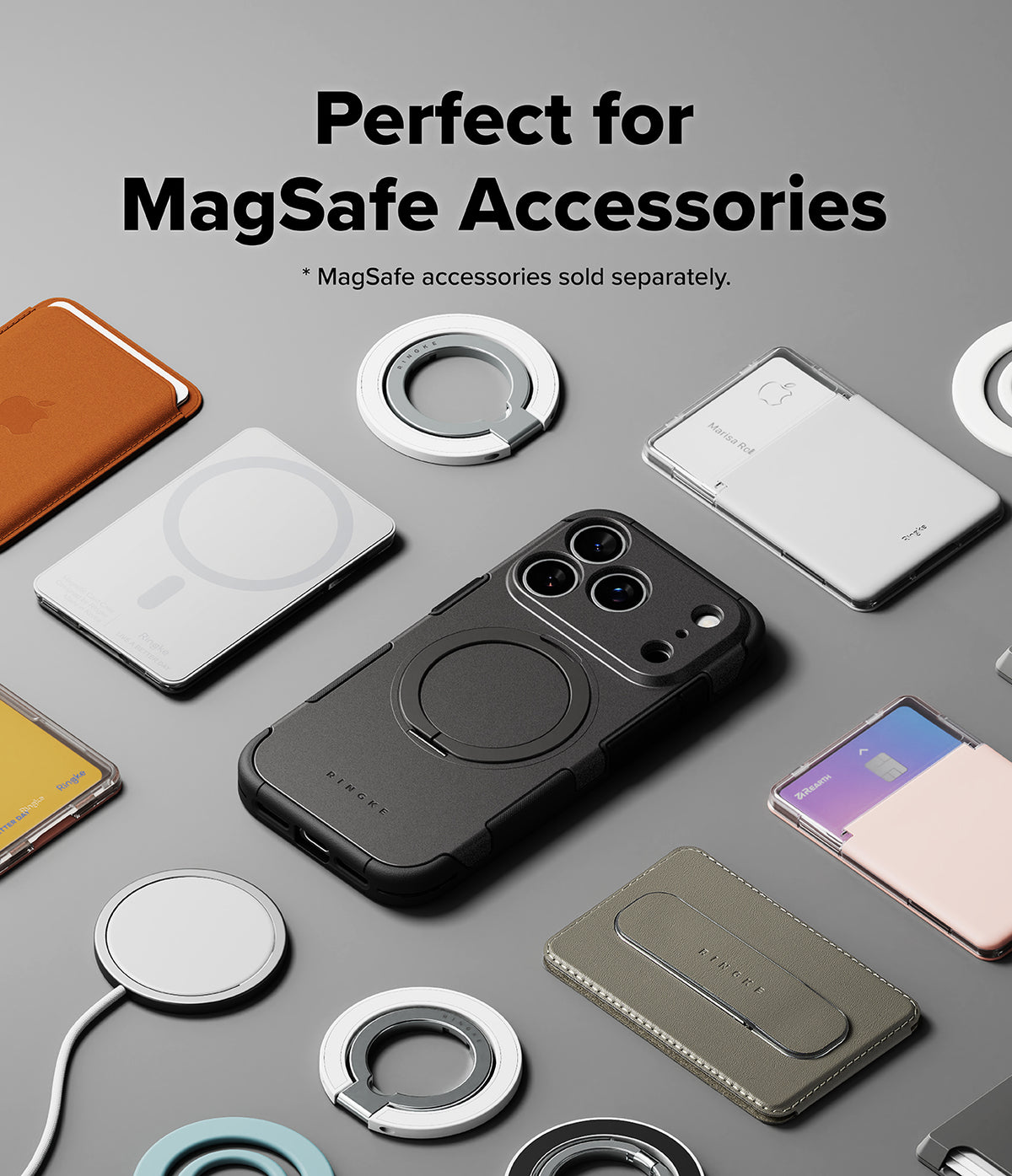 iPhone 18 Pro Case | Alles - A black MagSafe-compatible phone case with a circular magnetic ring, shown among other MagSafe accessories on a gray background. Text at the top reads 'Perfect for MagSafe Accessories' with a note that MagSafe accessories are sold separately.