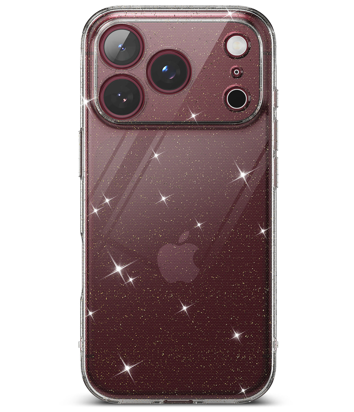 iPhone 18 Pro Case | Air - A clear glitter phone case shown on a smartphone from both the back and front angles, with a dark blue and black abstract wallpaper on the screen.