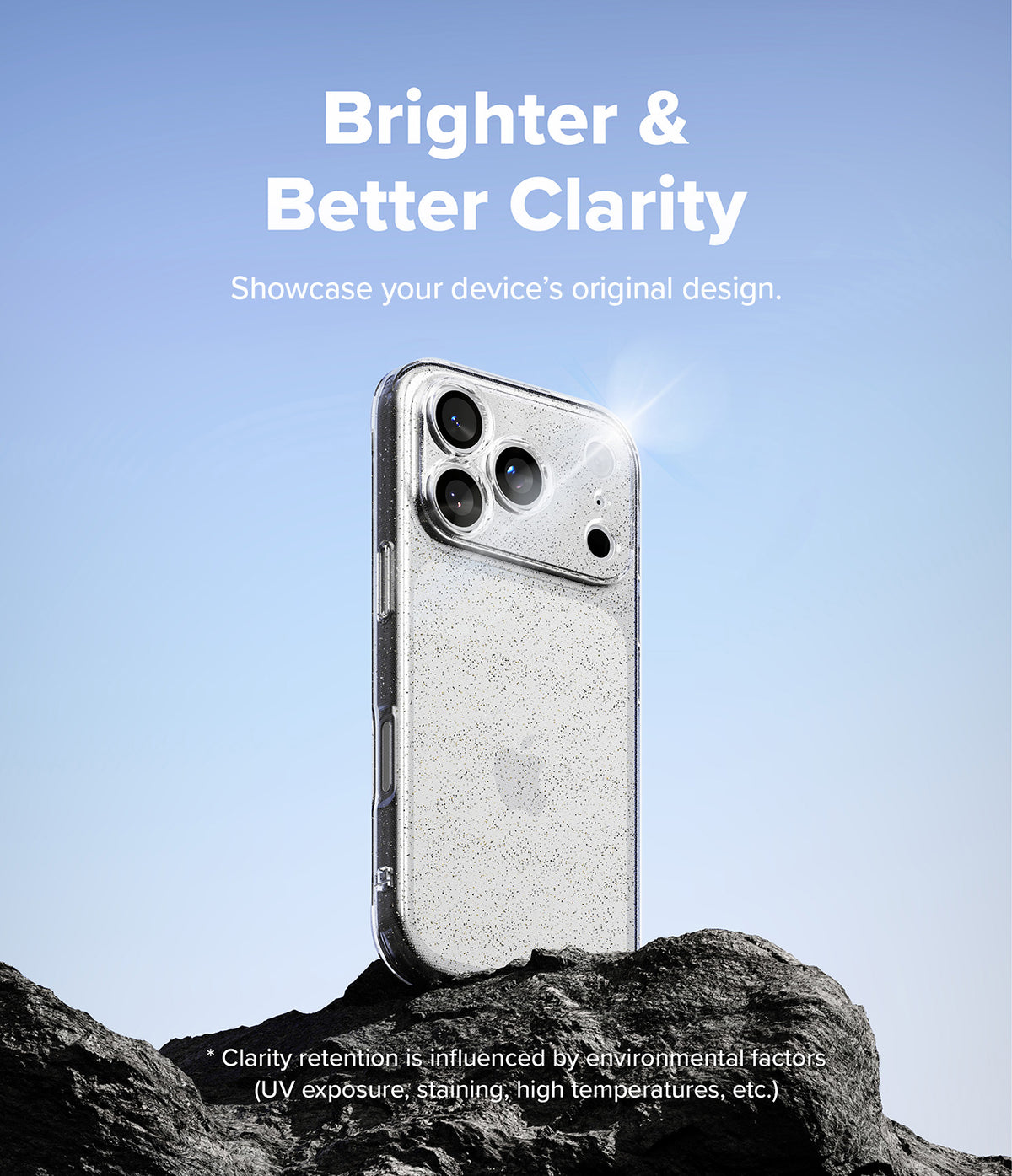 iPhone 18 Pro Case | Air - A clear textured phone case shown on a smartphone, standing upright on dark rocks against a blue sky background. Large white text at the top reads 'Brighter & Better Clarity' with smaller supporting text below.