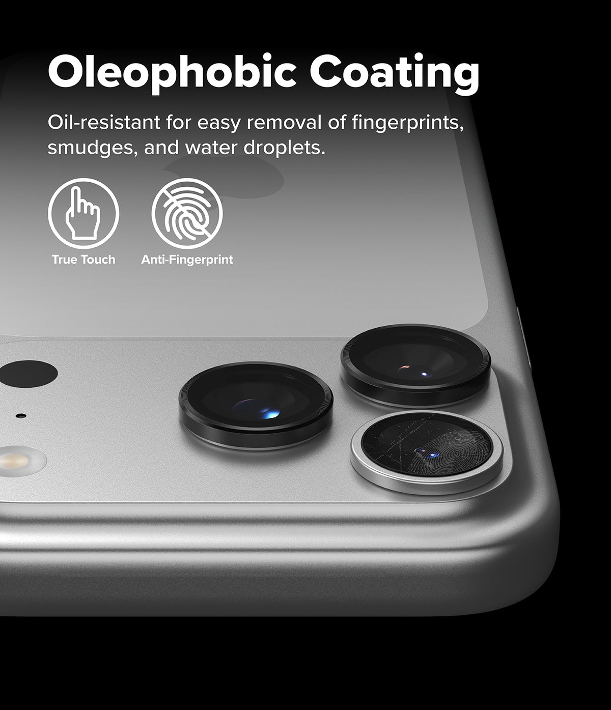 iPhone 18 Pro / Pro Max Protectors - Phone with camera lens cover and text about oleophobic coating on a black background