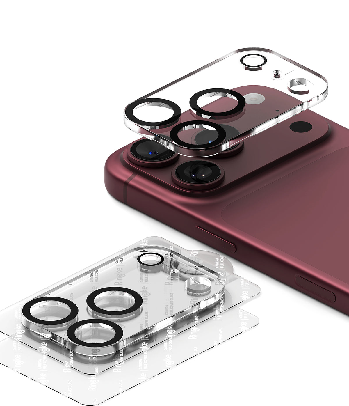 iPhone 18 Pro Camera Protector | Camera Full Cover Tempered Glass (2 Pack) - Ringke camera full cover tempered glass protector set shown on a smartphone with multiple circular lens protectors applied, alongside the product packaging box.
