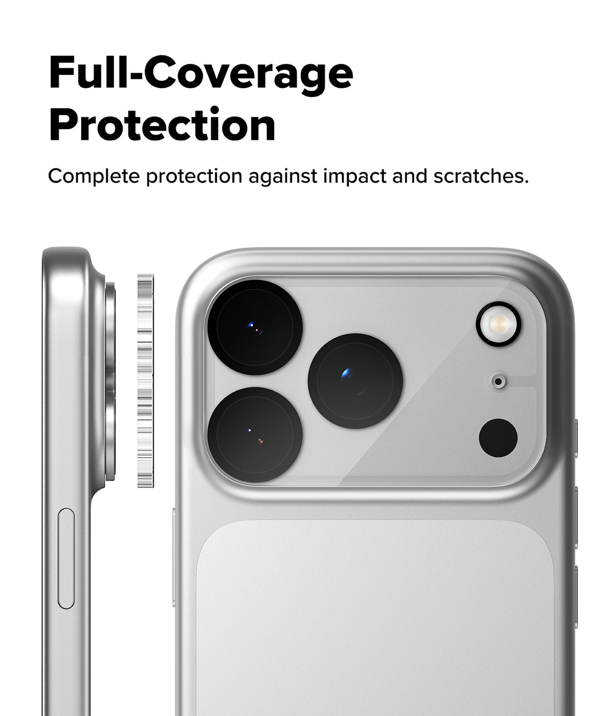 iPhone 18 Pro Camera Protector | Camera Full Cover Tempered Glass (2 Pack) - A silver smartphone shown from the back with a clear protective bumper around the camera and flash, plus a side profile view demonstrating full coverage. Large text reads 'Full-Coverage Protection' with smaller text below stating 'Complete protection against impact and scratches.