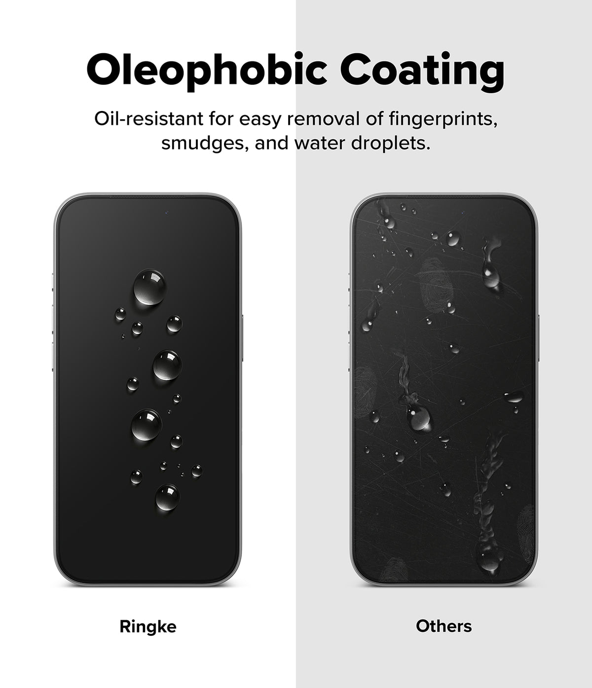 iPhone 18 Pro / Pro Max Protectors - Comparison of Oleophobic coating on Ringke and non-Ringke phone cases with oil droplets.