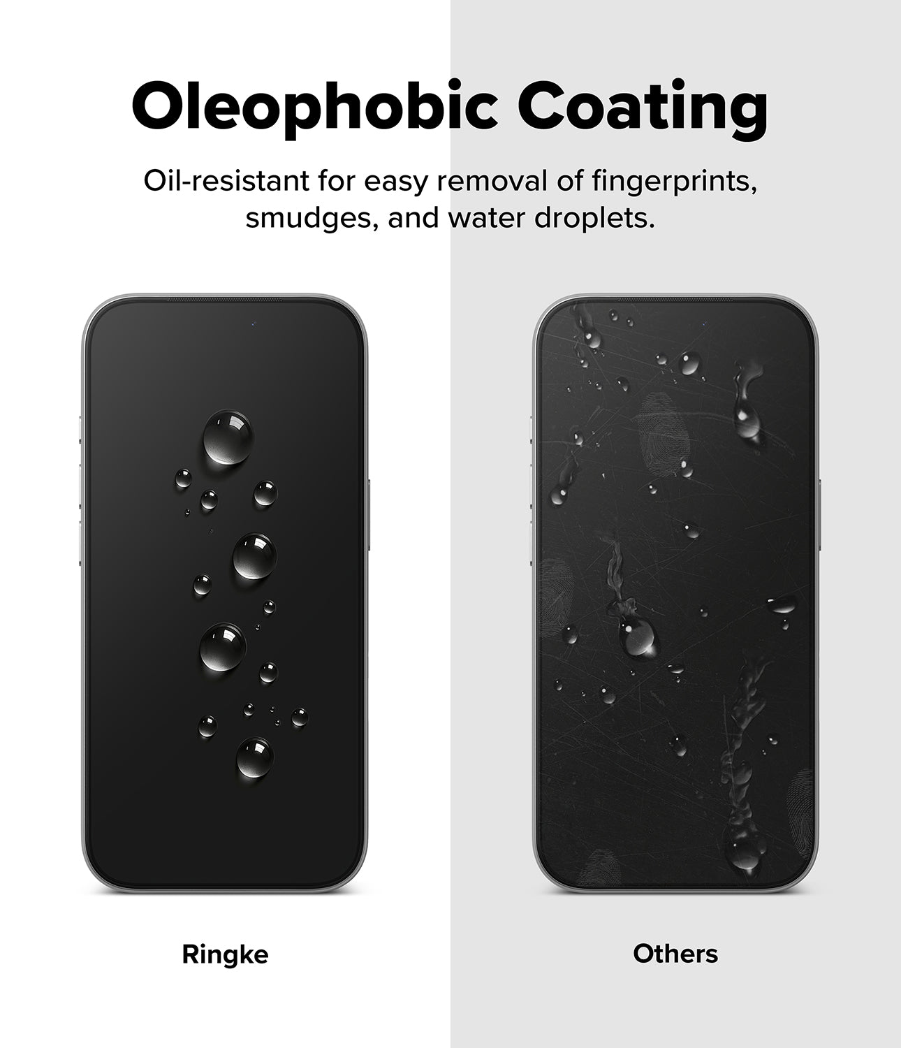 iPhone 18 Pro / Pro Max Protectors - Comparison of Oleophobic coating on Ringke and non-Ringke phone cases with oil droplets.