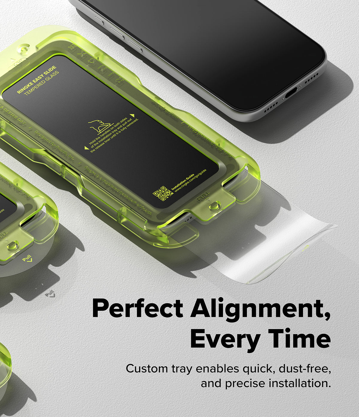 iPhone 18 Pro / Pro Max Protectors - Clear phone case with green accents on a light gray background, featuring text about alignment and installation.