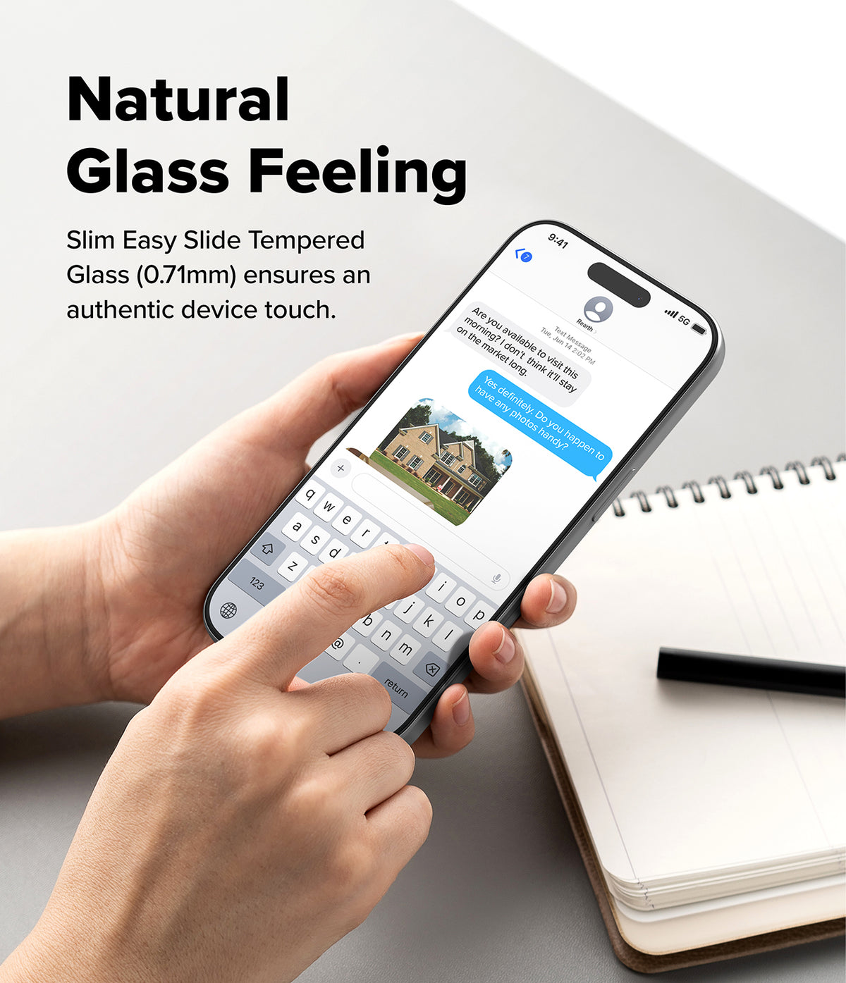 iPhone 18 Pro / Pro Max Protectors - Person holding a smartphone with a clear screen protector, text 'Natural Glass Feeling' above.
