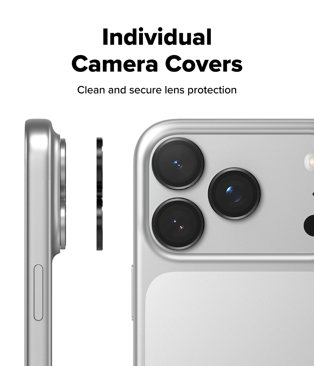 iPhone 18 Pro / Pro Max Protectors - A silver smartphone shown from the back with a close-up of its camera area, alongside a separate black circular camera cover and a side profile view of the phone. Text at the top reads 'Individual Camera Covers' and 'Clean and secure lens protection.