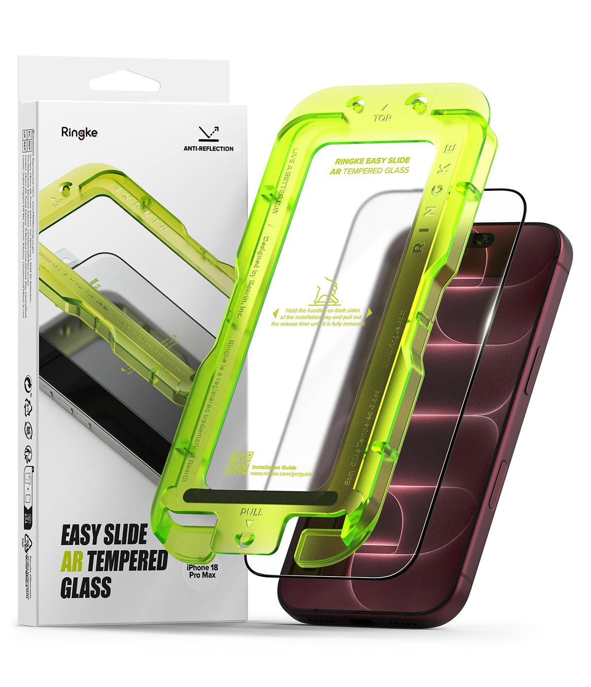 iPhone 18 Pro Screen Protector | Easy Slide AR Tempered Glass - Ringke easy slide air tempered glass screen protector shown with its white retail packaging and a smartphone behind it on a clean white background.