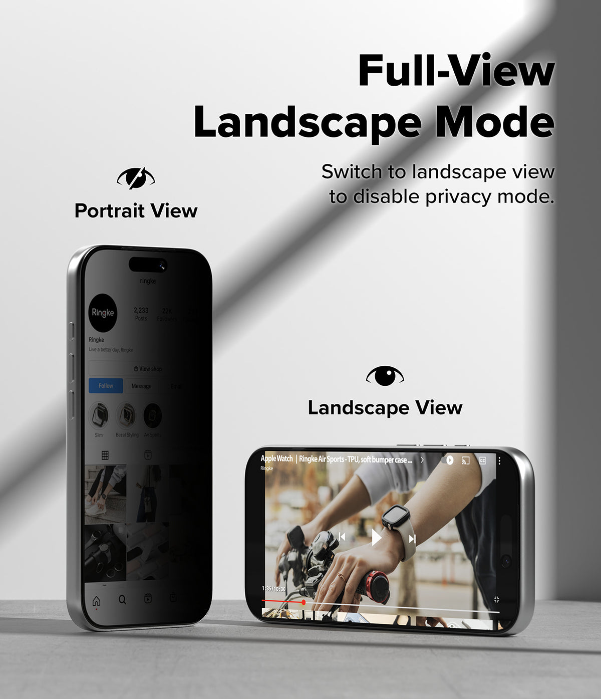 iPhone 18 Pro / Pro Max Privacy Screen & Camera Protectors all-groups - Two smartphones shown on a light gray surface with text labels for Portrait View and Landscape View, plus the headline 'Full-View Landscape Mode' explaining a privacy mode feature.