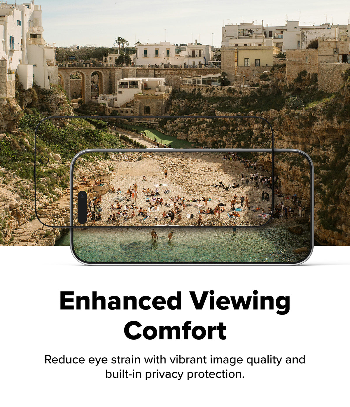 iPhone 18 Pro / Pro Max Privacy Screen & Camera Protectors all-groups - A promotional graphic for a smartphone screen protector. The top half shows a beach and cliffside town scene with a smartphone displaying a crowded beach scene, overlaid with a transparent rectangle indicating the protector.