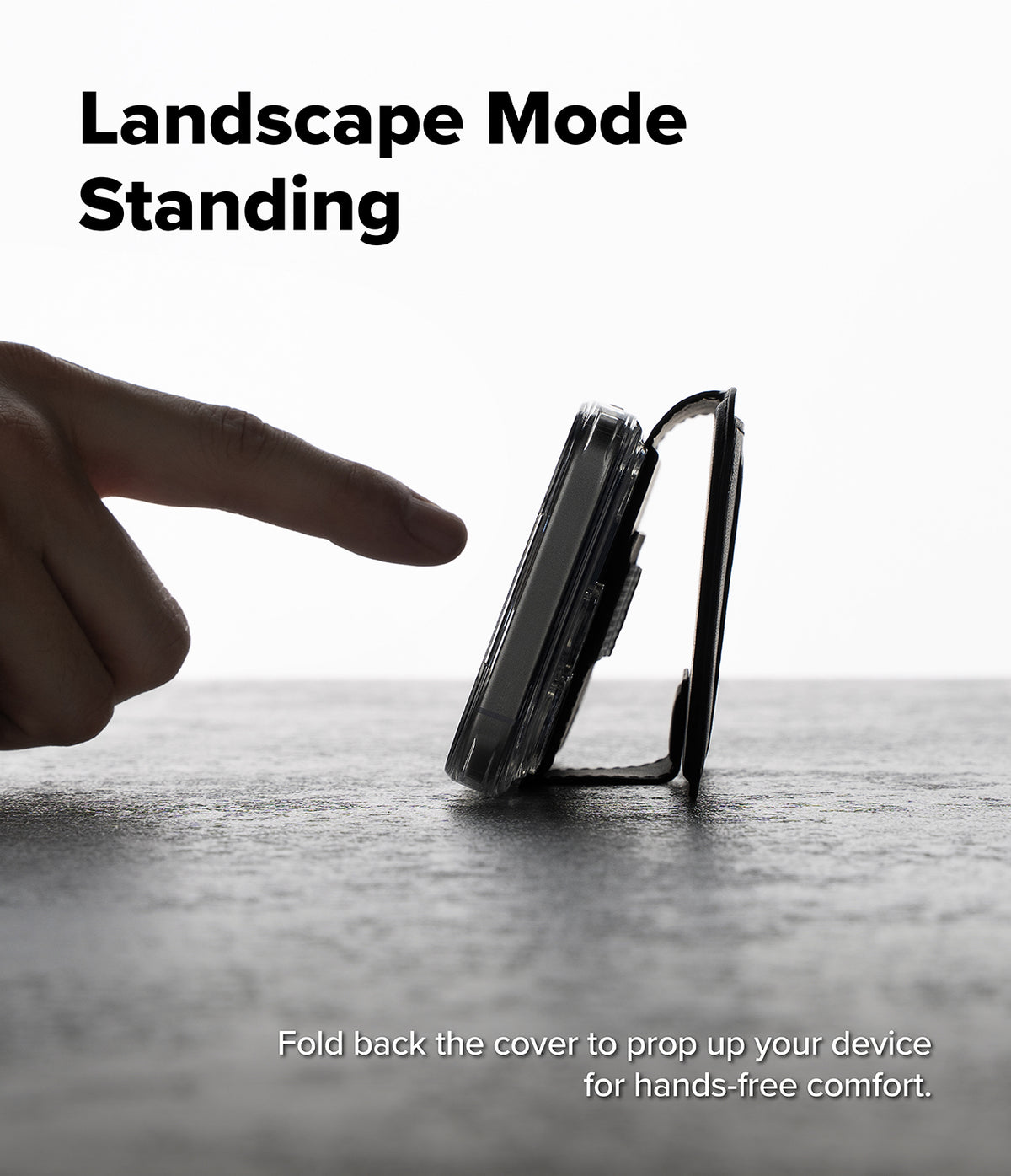 iPhone 18 Pro MagSafe Wallet | Folio Grip Wallet Magnetic - A smartphone shown standing upright on its kickstand with a hand pointing toward it. Large text reads 'Landscape Mode Standing' and smaller text says 'Fold back the cover to prop up your device for hands-free comfort.