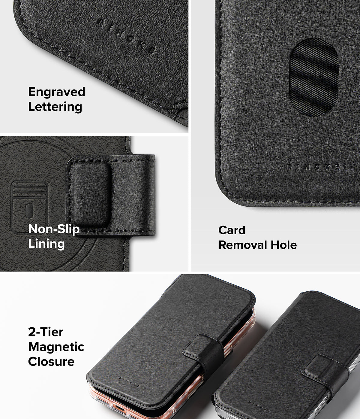 iPhone 18 Pro MagSafe Wallet | Folio Grip Wallet Magnetic - Black faux leather phone wallet case shown in a multi-panel feature graphic with text labels including 'Engraved Lettering,' 'Non-Slip Lining,' 'Card Removal Hole,' and '2-Tier Magnetic Closure.' The collage includes close-up detail shots and two angled views of the case on a light gray background.